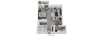 a stylized floor plan of a studio apartment