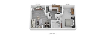 a 1 bedroom floorplan with a bathroom and a living room