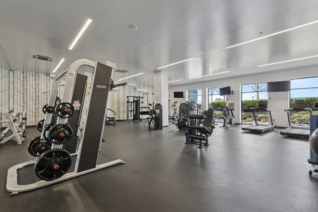 A gym with a variety of equipment including a leg press machine.