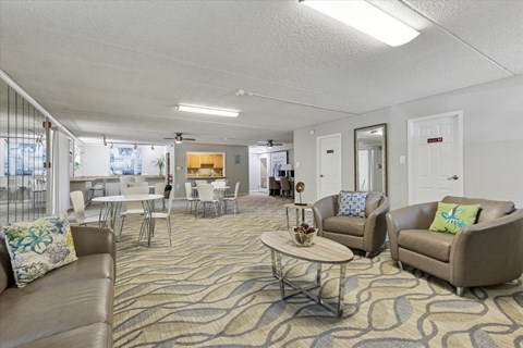 A living room with a patterned carpet and furniture.