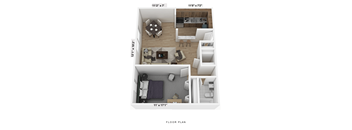a stylized floor plan with a bedroom and a living room