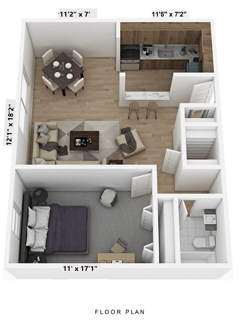 a stylized floor plan with a bedroom and a living room