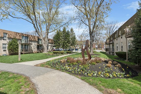 A residential area with a garden and walking path.