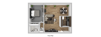 A floor plan of a small apartment with a living room, kitchen, and bedroom.