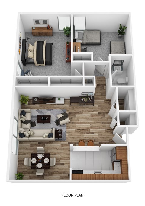 1,150 square foot apartment with a balcony, two bedrooms and one bathroom.
