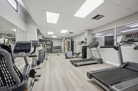 A spacious gym with treadmills, elliptical machines, and other exercise equipment.