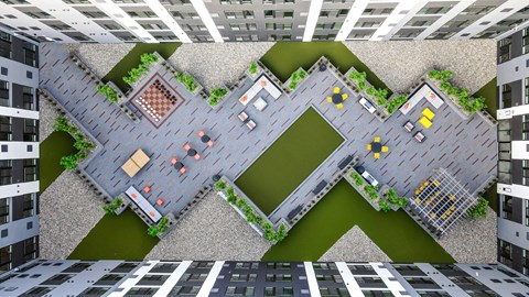 A top-down view of a courtyard surrounded by buildings.