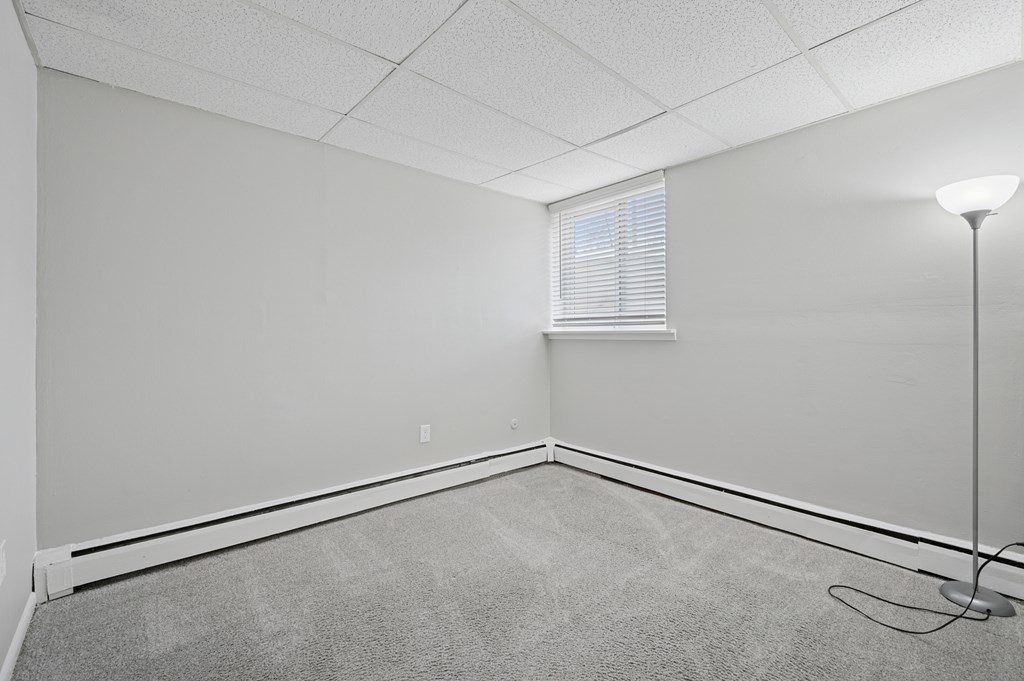 A room with a carpeted floor, a window with blinds, and a single floor lamp.