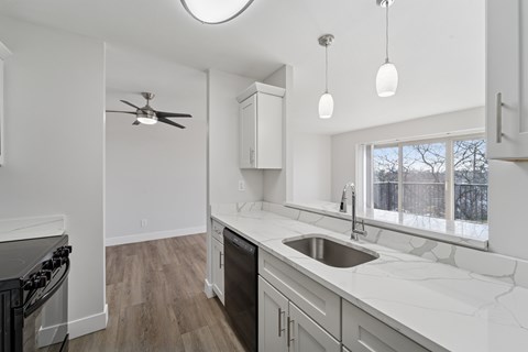 A kitchen with a stove, sink, and cabinets.