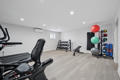 A home gym with a treadmill, weights, and exercise balls.