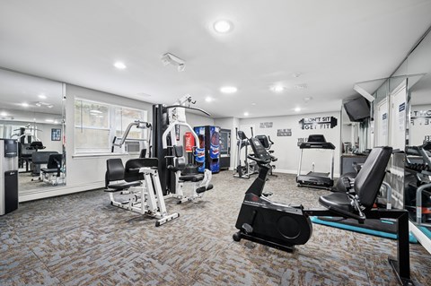 A gym with a variety of equipment including a leg press machine.