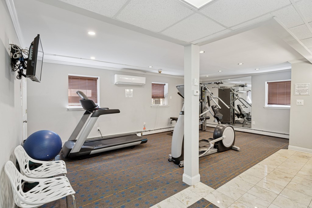 A gym with a treadmill, exercise bike, and weights.
