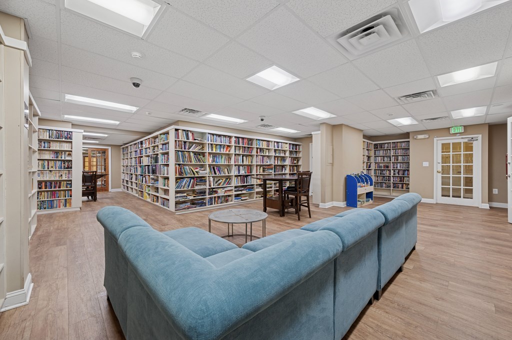 A library with a blue couch and bookshelves.
