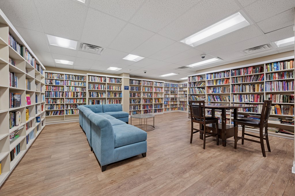 A library with a blue sofa and wooden chairs.