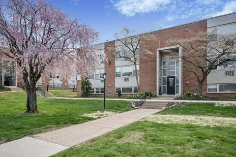 A building with a brick facade and a tree with pink blossoms in front.