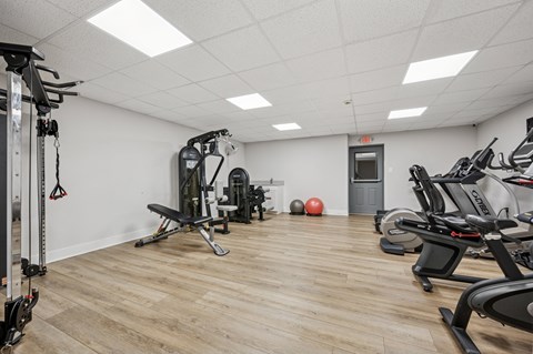 A gym with a variety of equipment including treadmills, weights, and exercise balls.