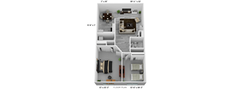 A floor plan of a small apartment with a living room, kitchen, and two bedrooms.