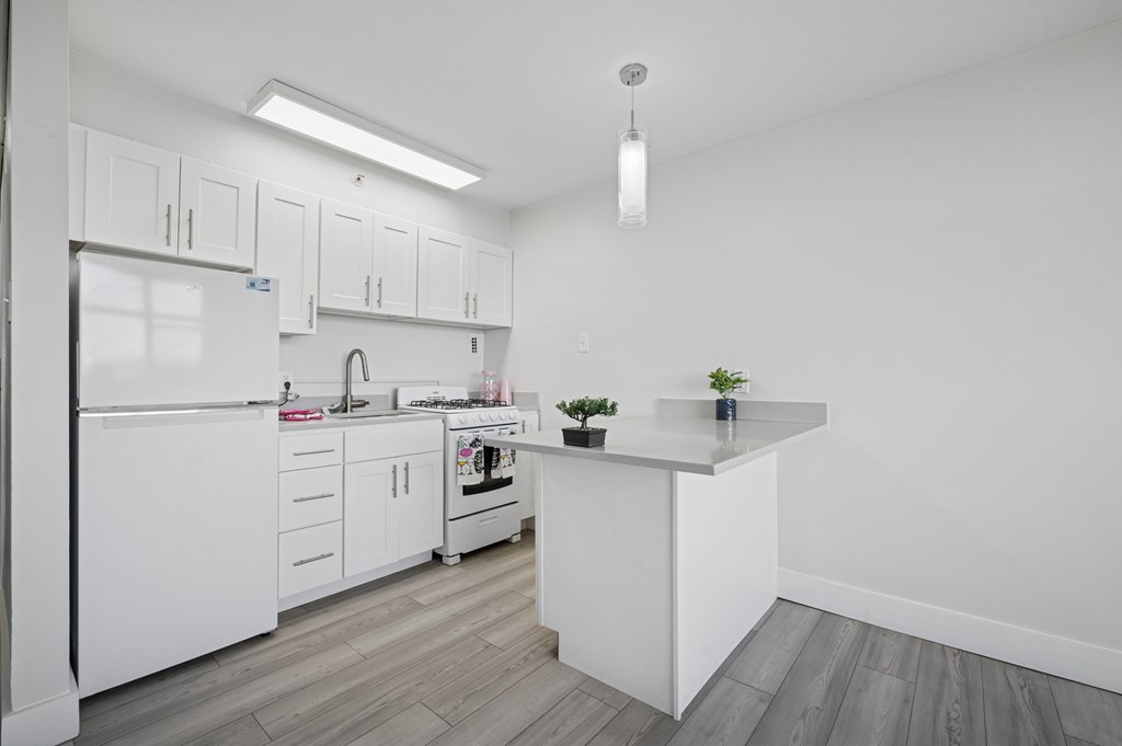 A white kitchen with a refrigerator, stove, and sink.