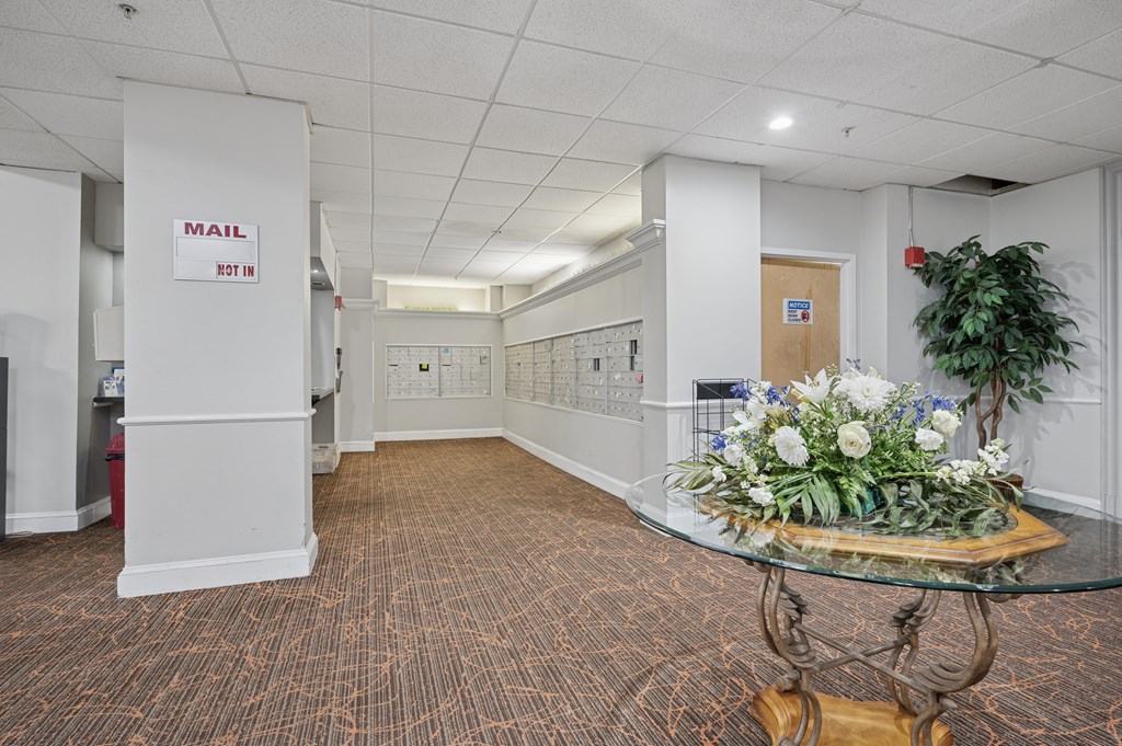 A reception area with a glass table and a plant.
