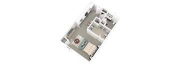 A top down view of a living room, kitchen and dining area.