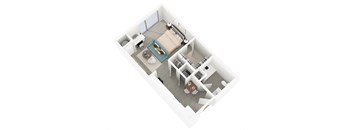 A top down view of a living room with a couch, coffee table, and a dining table.