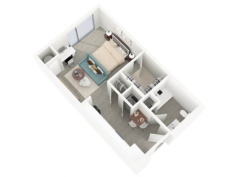 A top down view of a living room with a couch, coffee table, and a dining table.
