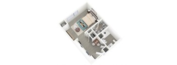 A top down view of a living room with a couch, coffee table, and a rug.
