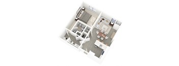 A top down view of a small apartment with a kitchen, living room, and bathroom.