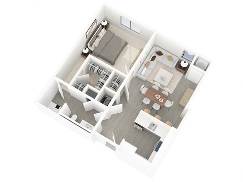 A top down view of a small apartment with a kitchen, living room, and bathroom.