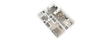 A top down view of a house interior with a kitchen, living room, and dining area.