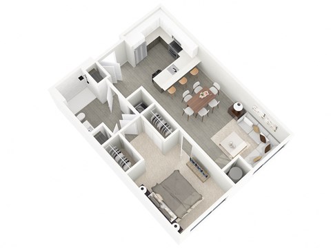 A top down view of a house interior with a kitchen, living room, and dining area.