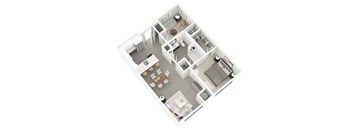A top down view of a house with a kitchen, living room, dining room, and two bedrooms.