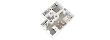 A white and wood floor plan of a house with a kitchen, living room, dining room, and bedrooms.