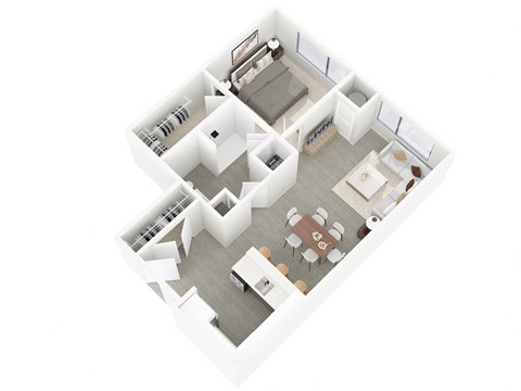 A white and wood floor plan of a house with a kitchen, living room, dining room, and bedrooms.
