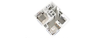 A white floor plan of a house with a kitchen, living room, and two bedrooms.