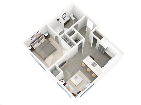 A white floor plan of a house with a kitchen, living room, and two bedrooms.