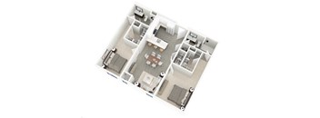 A floor plan of a house with a kitchen, living room, dining room, and two bedrooms.