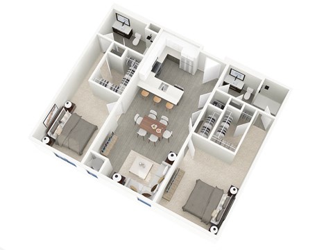 A floor plan of a house with a kitchen, living room, dining room, and two bedrooms.