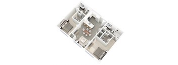 A floor plan of a house with a living room, dining room, kitchen, and two bedrooms.