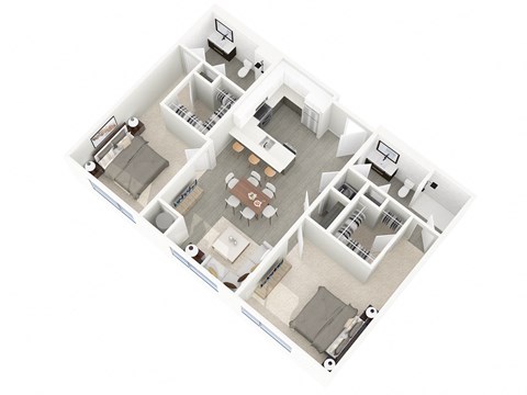 A floor plan of a house with a living room, dining room, kitchen, and two bedrooms.