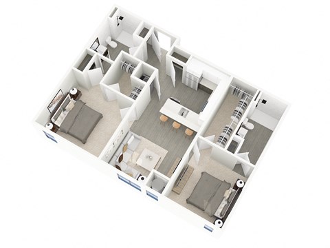A floor plan of a house with a kitchen, living room, and two bedrooms.