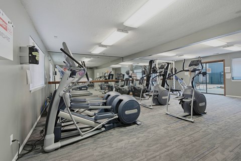 A gym with a variety of exercise equipment including treadmills, stationary bikes, and weight machines.