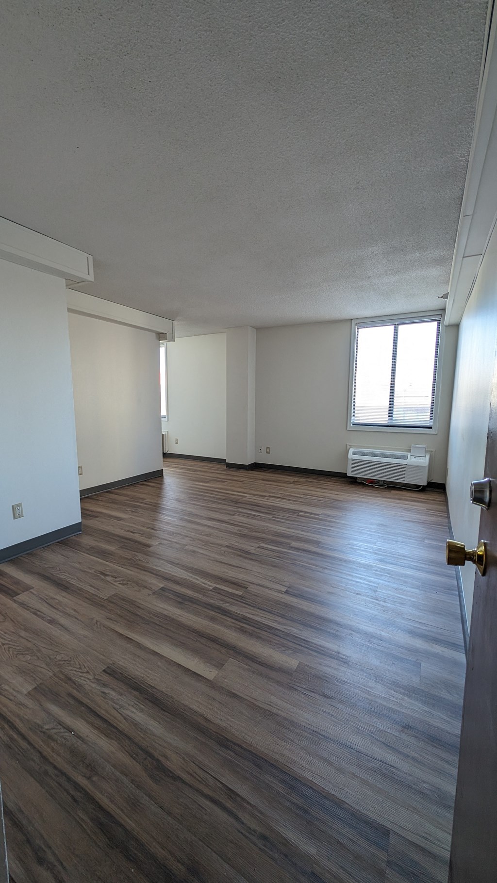 an empty living room with wood floors and a window