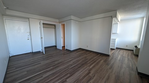 a living room with white walls and wood flooring and a door to a balcony