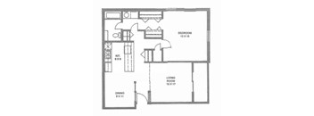 A floor plan of a house with a bedroom, living room, and dining room.