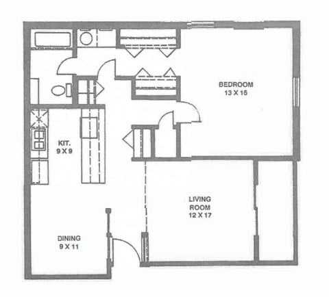 A floor plan of a house with a bedroom, living room, and dining room.