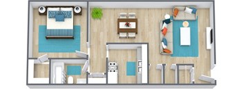 Three dimensional image of a one bedroom floor plan