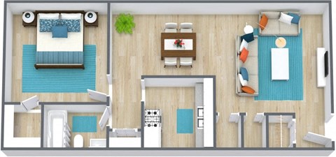 Three dimensional image of a one bedroom floor plan