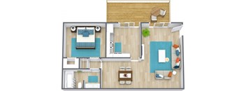 A top-down view of a room with a bed, a couch, a chair, a table, and a potted plant.