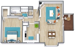 3D floor plan of a one bedroom